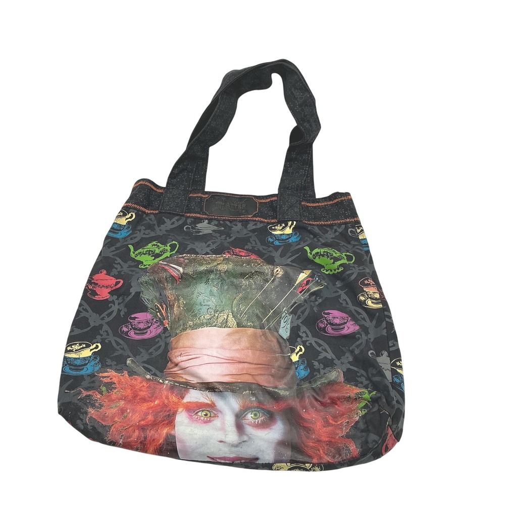 Disney Alice in Wonderland Mad Hatter Tote Bag Black Canvas Teapot Graphic Print